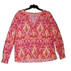 LOFT Women's‎ Paisley Leaf Pattern Multicolor Split Neck LS Blouse Size Large